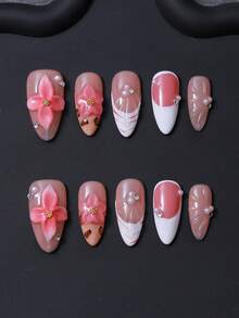 10pcs/Set Press On Nail Pieces, Almond Shaped Nail Caps, Pink 3D Textured Design, Hand Painted French Style, Y2K Style, Tough Girl Style. Purely Handmade, Luxurious And Exquisite Nails. Elegant And Grand. Suitable For Ladies And Girls.
