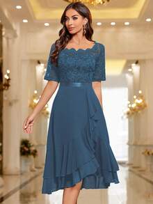 MIUSOL Boat Neck Floral Lace Paneled Ruffle Hem Cocktail Party Swing Dress - Dusty Blue - View 4