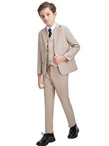 Boys Suits 3-Pieces Suit Set Toddler Tuxedos Dresswear Ring Bearer Outfit Wedding Blazer Pants Straps Formal Suits For Kids Suitable For Daily Wear, Awards Ceremony, Birthday Party Champagne Size 4-16Y - Khaki - View 4