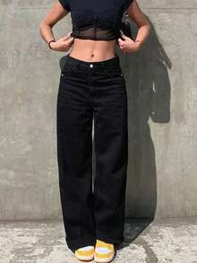 Women's Black Pocket Casual Versatile Straight Leg Jeans, Suitable For Autumn/Winter Wear, Can Be Paired With For Halloween Spring - Black - View 10