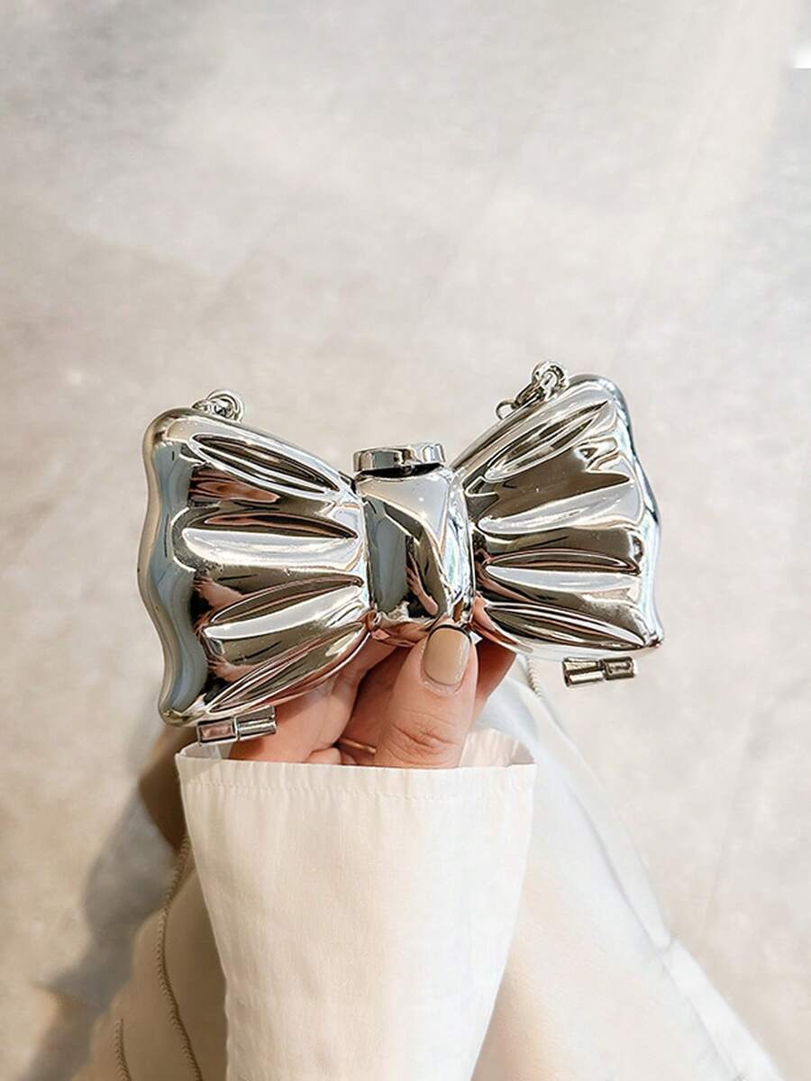 Women's Small Elegant Shoulder Bag - Shiny Bow Crossbody Purse Magnetic Buckle Cute Chain Clutch For Valentine's Day Gift For Girlfriend - 銀色 - 查看 1