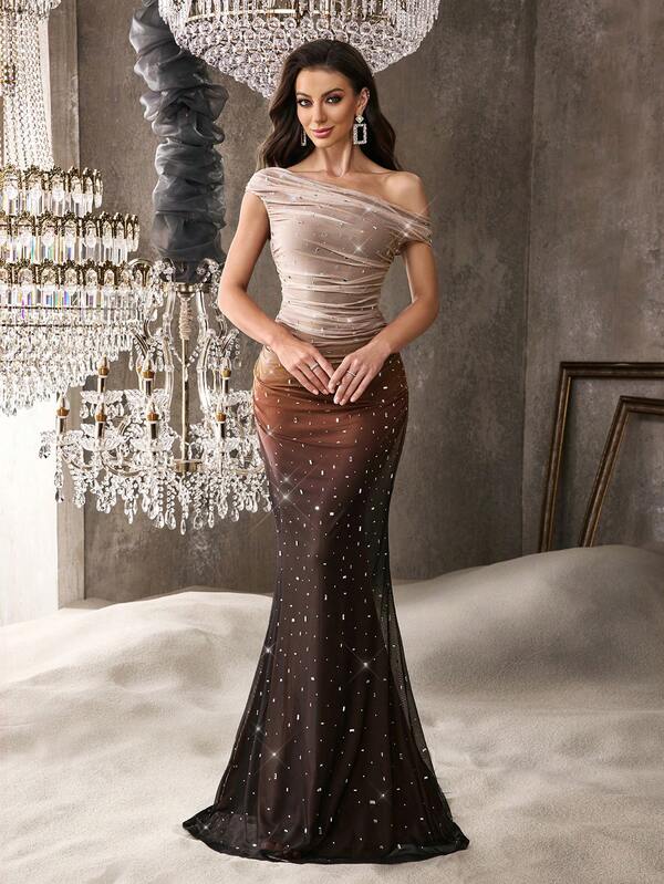 Chic Classy Women Party Hot Drill Formal Dress Upscale Diamond Rhinestone Evening Gown For Galas, Dinner, Birthday Party, Homecoming Cold Shoulder Pleat Mesh Fabric Slim Long Dresses