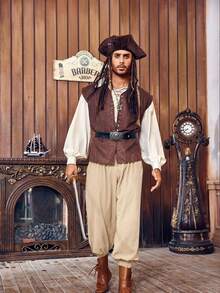 Men's Elastic Waist Pirate Costume Pants Cotton Medieval Viking Knicker Colonial Style Ideal For Halloween - Màu Khaki - Xem 3