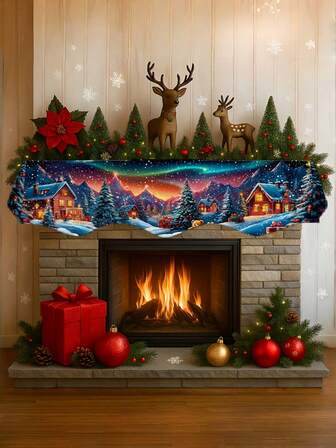 1pc Extra Long Hearthstone Scarf - Christmas Wreath Decoration With Snowy Village, Pine Trees, Red Gifts - Hearthstone Cover For Living Room, Kitchen, Festival Party Decoration - Easy To Hook - Polyester Fabric - Covering Fireplace Defects Home Decor Christmas Decorations Room Decor