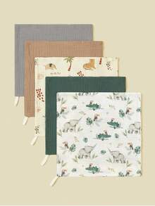 5pcs/Pack Floral & Cartoon Animal Print Baby Cotton Gauze Bibs, Feeding Handkerchief, Saliva Towel - Multicolor - View 10