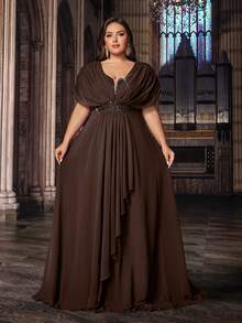 经典款大码女士夏季正式晚礼服，高档派对礼服，适合派对、生日、晚宴等场合，雪纺短袖亮片拼接长裙，春季婚纱礼服 - 咖啡棕 - 查看 3