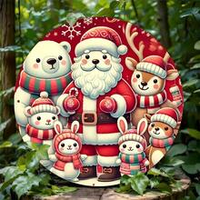 1pc 7.87 Inch Round Aluminum Metal Plaque - Rustic Christmas Santa & Animal Holiday Decorative Sign With Snowflakes, Holly & Reindeer, Matte Finish, Pre-Drilled Holes For Easy Hanging, No Electricity Needed For Indoor/Outdoor Home, Farmhouse, Store, Garden, 2D Flat Home Decor Christmas Decorations Room Decor