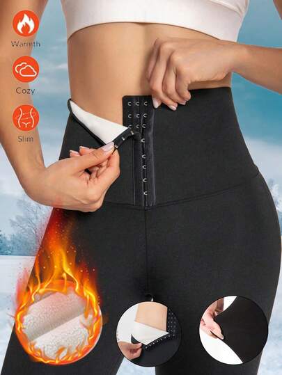 女士保暖加厚打底裤 - 弹力修身，柔软面料，双扣可调节，加厚保暖裤袜，纯色，休闲优雅风格，加厚冬季运动打底裤，适合寒冷天气、日常穿着、派对、度假 | 收腰提臀