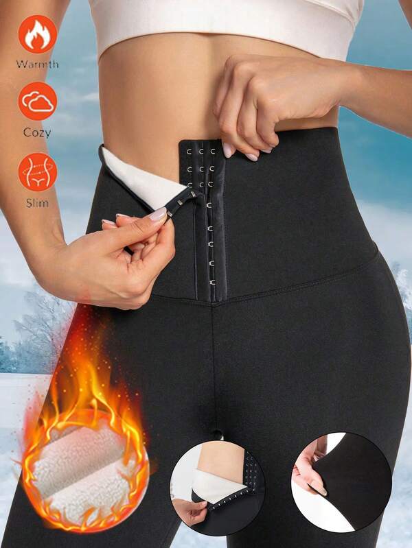 Women's Warm Thermal Lined Leggings - Stretchy, Slim Fit, Soft Fabric, Adjustable Double-Button Closure, Thick Thermal Tights, Solid Color, Casual Elegant Style, Thick Winter Workout Leggings, Suitable For Cold Weather, Daily Wear, Parties, Holidays | Waist Cinching, Butt Lifting