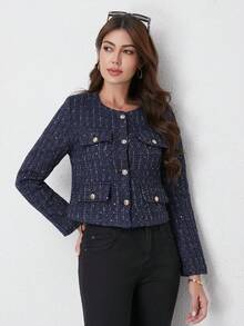 Áo khoác nữ TRAFZA thanh lịch, kiểu dáng thường ngày, chất liệu vải tweed, cổ tròn, tay dài, màu trơn, thích hợp cho mùa xuân. - Hải quân với sợi vàng - Xem 7