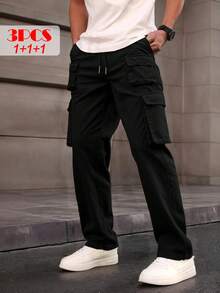 3-Pack Of Men's Stylish Overalls In Lightweight Polyester With A Casual Fit, Multiple Pockets, And A Drawstring Waist For Spring/Fall. Perfect For Spring/Fall Wear | Drawstring Waistband | Smooth Textured Fabric, Sporty Casual Pants - 藍+灰+黑 - 查看 4