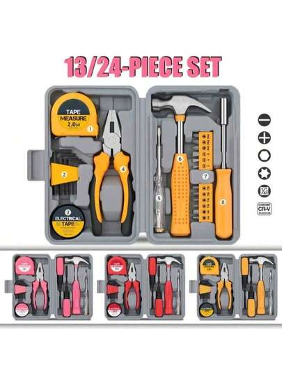 24pcs Household Steel Tool Kit Set, DIY Tool Set, Essential Tools For Daily Decoration And Maintenance, Creative Gift For Women. A Set Of Manual Home Tools, Electrical Repair Tools, Multifunctional Home & Auto Tool Box Set.