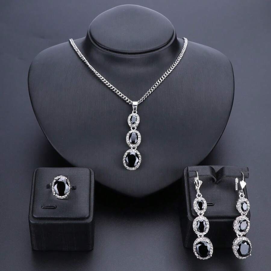 4 Stücke silberplattierter modischer Hochzeitsschmuck-Set mit großen Zirkonia Halskette, Ring, Ohrringe für Frauen als Weihnachts-, Erntedank- oder Geburtstagsgeschenk