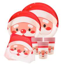 Weihnachtsthema Weihnachtsmann runde Gesichter Party Geschirr Set, Einwegplatten, Servietten, Becher, geeignet für 25 Gäste, Einmal-Pappteller Party Zubehör passend für Geburtstagsfeiern, Familienpicknicks