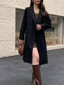 Casual Solid Color Lapel Double Breasted Jacket, Autumn - Black - View 5