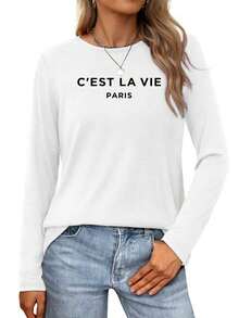 French Quote  'C'est La Vie' In Paris Womens Long-Sleeve Crewneck T-Shirt - 白色 - 查看 1