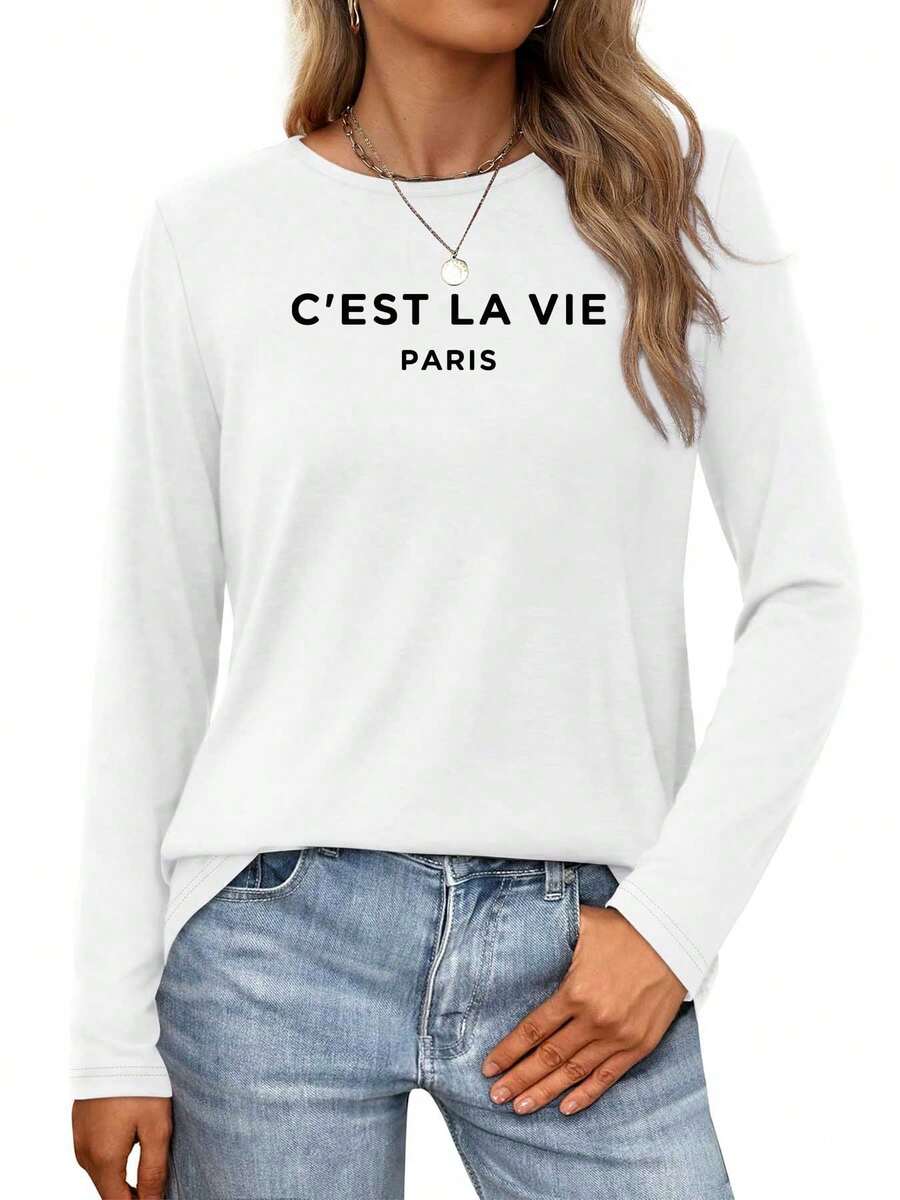 French Quote  'C'est La Vie' In Paris Womens Long-Sleeve Crewneck T-Shirt - 白色 - 查看 1