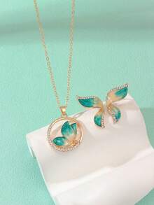 水鑽裝飾蝴蝶吊墜項鍊和耳釘