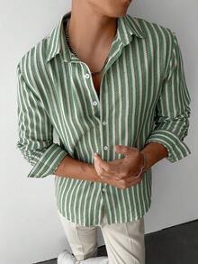 男士纹理条纹休闲长袖衬衫，秋季款 - 綠色 - 查看 4
