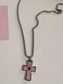 Gothic Y2K Pink Cross Heart Pendant Rope Chain Necklace For Women Fashion Hip Hop Rave Gift Jewelry Accessories - Pink - View 16