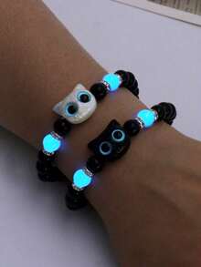 2pcs Cute Big Eyes Cat Luminous Bracelet, Suitable Gift For Couples, Friends - Black and White - View 5