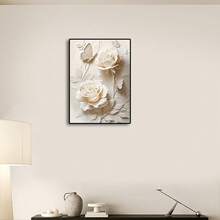 1 pieza Póster de arte de pared Moderno y elegante con rosa blanca y mariposa en lienzo 2D - Decoración floral moderna para sala de estar, dormitorio, oficina - Pintura abstracta de flores enmarcada con acentos en crema - Regalo perfecto para Halloween, Acción de Gracias, Navidad
