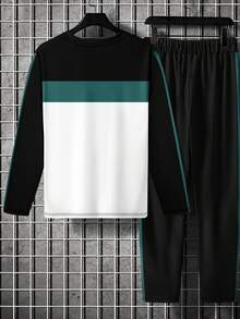 男士休闲圆领T恤和抽绳裤套装，秋冬 - 彩色 - 查看 2