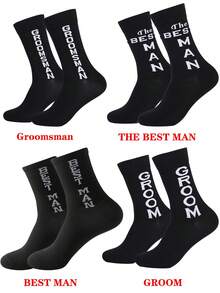 1 par de calcetines casuales cómodos y transpirables con diseño de letra para padrinos de boda, diseño unisex adecuado para uso al aire libre, para todas las estaciones - negro - Ver 2