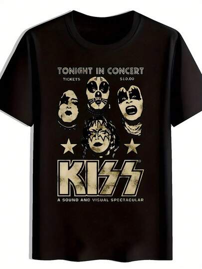 Kiss Rock Band Graphic T-Shirt - Men's Short Sleeve Cotton Tee, Black Crew Neck, Iconic Tonight In Concert Design For Heavy Metal & Punk Music Fans