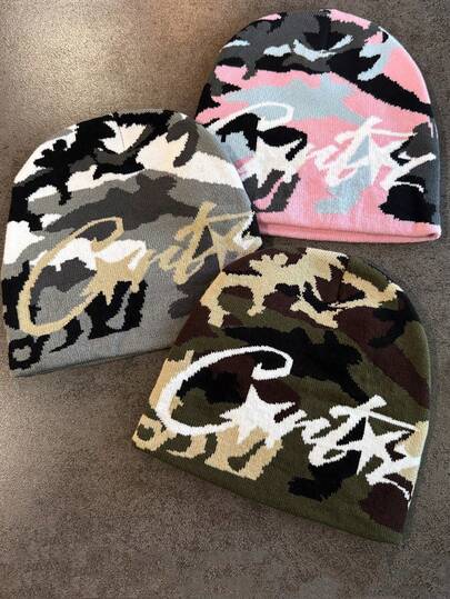 1 pièce Bonnet tricoté minimaliste et décontracté à motif camouflage pour homme, couvre-chef polyvalent et chaud pour l'extérieur, le port quotidien, l'automne/l'hiver