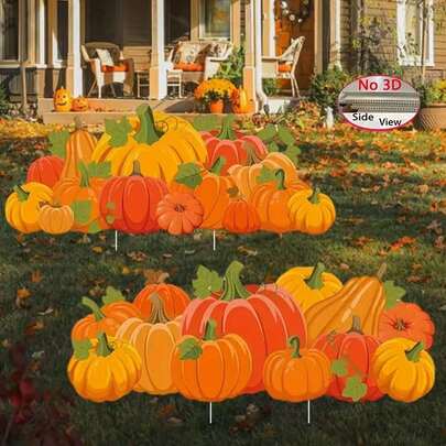 2 Peças Estacas Decorativas de Abóbora Grande de Outono com Impressão Plana 2D (Horizontal) - Decorações Rústicas de Fazenda de Ação de Graças, Decoração de Outono para Quintal com Abóbora Laranja Vibrante e Folhas Amarelas, Fácil Instalação para Gramado, Varanda, Decorações Externas de Outono