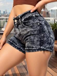 Pantalones cortos vaqueros lavados de tiro alto, diseño de doble botón, tejido suave y elástico, versátiles para looks casuales y a la moda. - Gris Oscuro - Ver 3