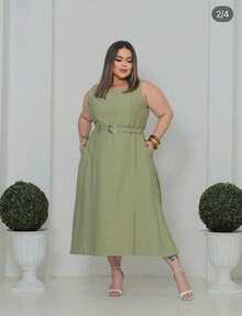 Plus Size Midi Dress With Elegant Belt, Party, Pocket, Wedding, Slit, 46 To 52 - 薄荷綠 - 查看 1