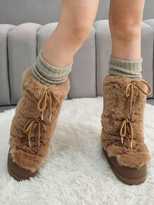 Faux Fur Snow Boots For Women Fuzzy Fluffy Furry Lace Up Mid Calf Boots Winter Warm Fur Boots For Christmas - 棕色 - 查看 9