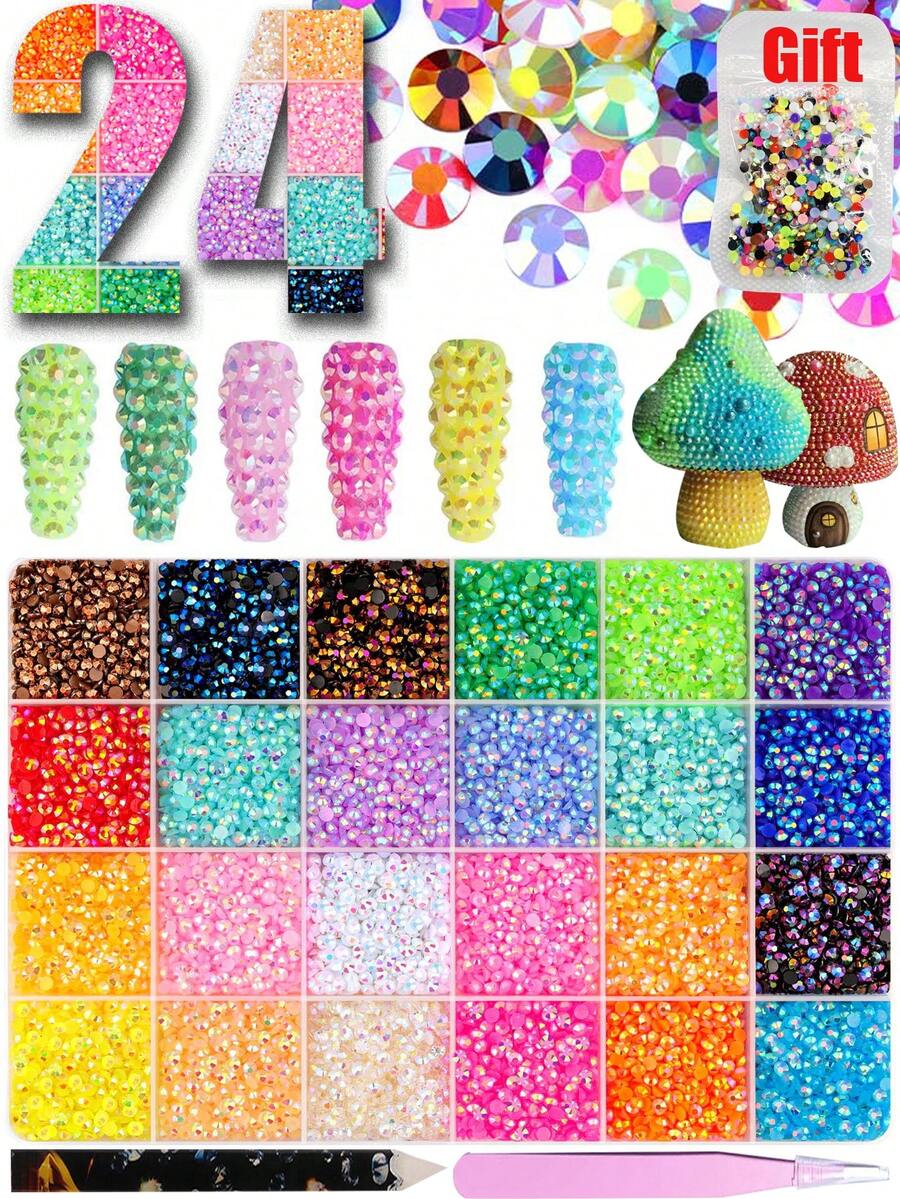 24 Grid Mixed-Color Nail Rhinestone Flat Back Gems Non Hotfix Flatback Gems, Bedazzling Crystal For DIY Crafts Clothing Tumblers Mugs Shoes Fabric Decor Nail Art Make Up