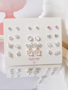 11 对猫眼耳钉套装，浅色蝴蝶结，闪光粉色耳环，锌合金水钻耳环，时尚适合日常佩戴，送给女朋友的礼物