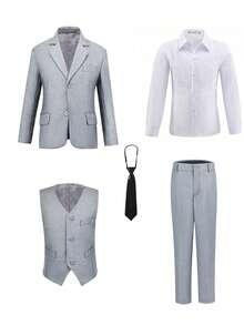 5pcs/Set Boys Suit, Toddler Tuxedo, Pageboy Outfit, Wedding Suit Jacket, Vest, Pants, Shirt, Tie, Suitable For Young Boy Birthday Party, Banquet, Wedding, Christening And Anniversary, Light Gray, Size 3-10 Years - 淺灰色 - 查看 3