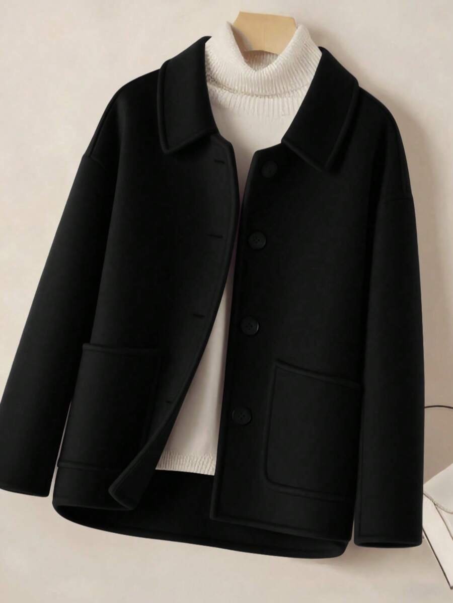 欧美时尚简约女装外套，翻领单排扣优质短款羊毛大衣，休闲宽松纯色长袖复古风，适合搭配时尚衬衫，完美适合女士冬季羊毛大衣。 - 黑色 - 查看 1