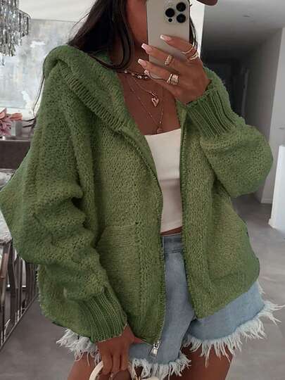 Cardigan en tricot unicolore pour femmes avec poches zippées, porter décontracté au quotidien