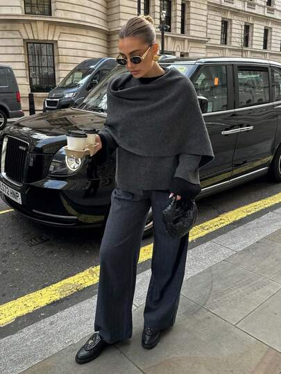 Chaqueta tipo poncho de punto de unicolor minimalista y elegante, para uso diario