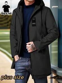 大码男士中长款户外运动徒步夹克，带抽绳连帽，纯色，适合日常休闲穿着