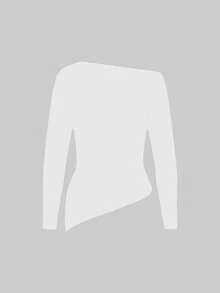 Elegant Fashion Casual Asymmetric Shoulder Knit Sweater, Slim Fit Asymmetrical Hem Pullover For Daily Commute