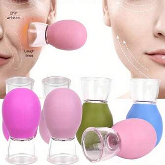 2/5 piezas Juego de ventosas faciales de silicona - Ventosa de masaje al vacío, alivia los músculos y mejora la piel facial - Masajeador de vidrio sin fragancia - Sin electricidad, portátil y desmontable, color aleatorio