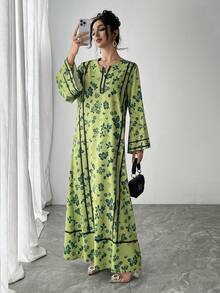 1 Stück Damen Maxikleid mit Blume Muster und Langarm in A-Linie, lässiges grünes Kleid geeignet für Hochzeiten, elegantes arabisches Abaya-Kleid für luxuriöse Partyveranstaltungen im Frühling - Grün - Übersicht 6