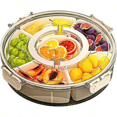 1pc Rotatable Snack Box, Independent Rotating Tray With Lid And Handle, Portable Fruit Snack, Vegetable And Cooked Food Snack Box, Rotatable Bento Storage Box, Suitable For Kitchen, Camping, Picnicking, Christmas Gifts, Kitchen Accessories