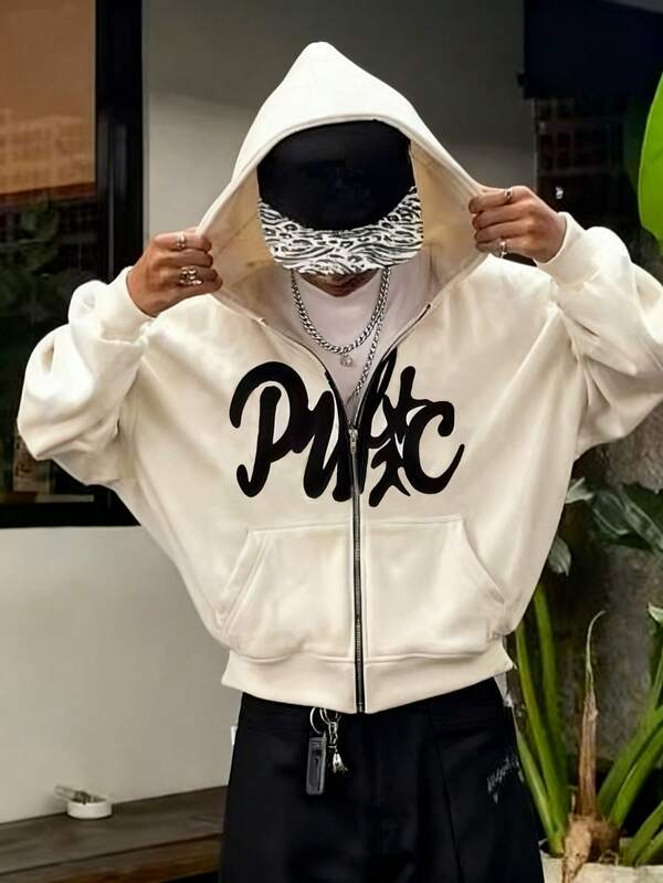 Teen Boys' Short Jacket, High Street American Style Short Hooded Long Sleeve Sweatshirt Jacket, Casual Comfortable Soft High-Quality Fabric With Letter Graffiti Print, Ideal For American Street Fashion, Great Gift