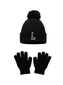 2 pezzi/set Cappello e guanti a motivo alfabeto 26 lettere per neonati, caldi e carini, unisex, adatti per autunno/inverno all'aperto, abbinamento alla moda, può essere un regalo di compleanno - nero - Visualizzare 7