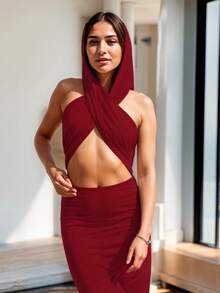 Vestido Ajustado tipo Halter con Escote Cruzado y Capucha para Mujer - Rojo violeta - Ver 2