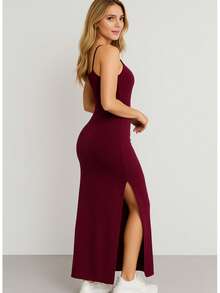 Women's Elegant Casual Long Dress In Ribbed Knit With Side Slits - Burdeos - Ver 3