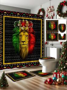 4 pièces Ensemble de salle de bain avec imprimé géométrique couronne et lion, rideau de douche imperméable avec crochets, tapis en U, housse de siège de toilette, tapis en L, accessoires de salle de bain, décoration de salle de bain, décoration de Noël